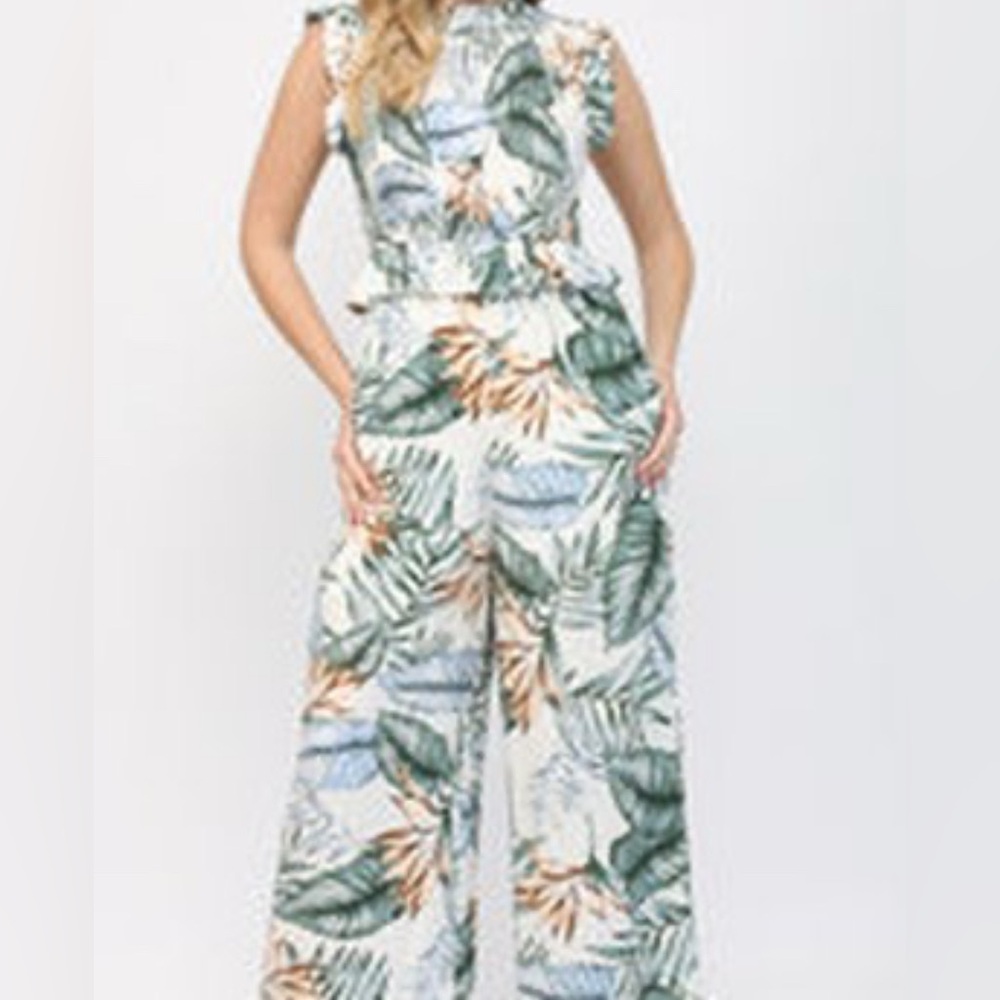 Fate Tropical Leaf Print Wide Leg Jumpsuit Size Large